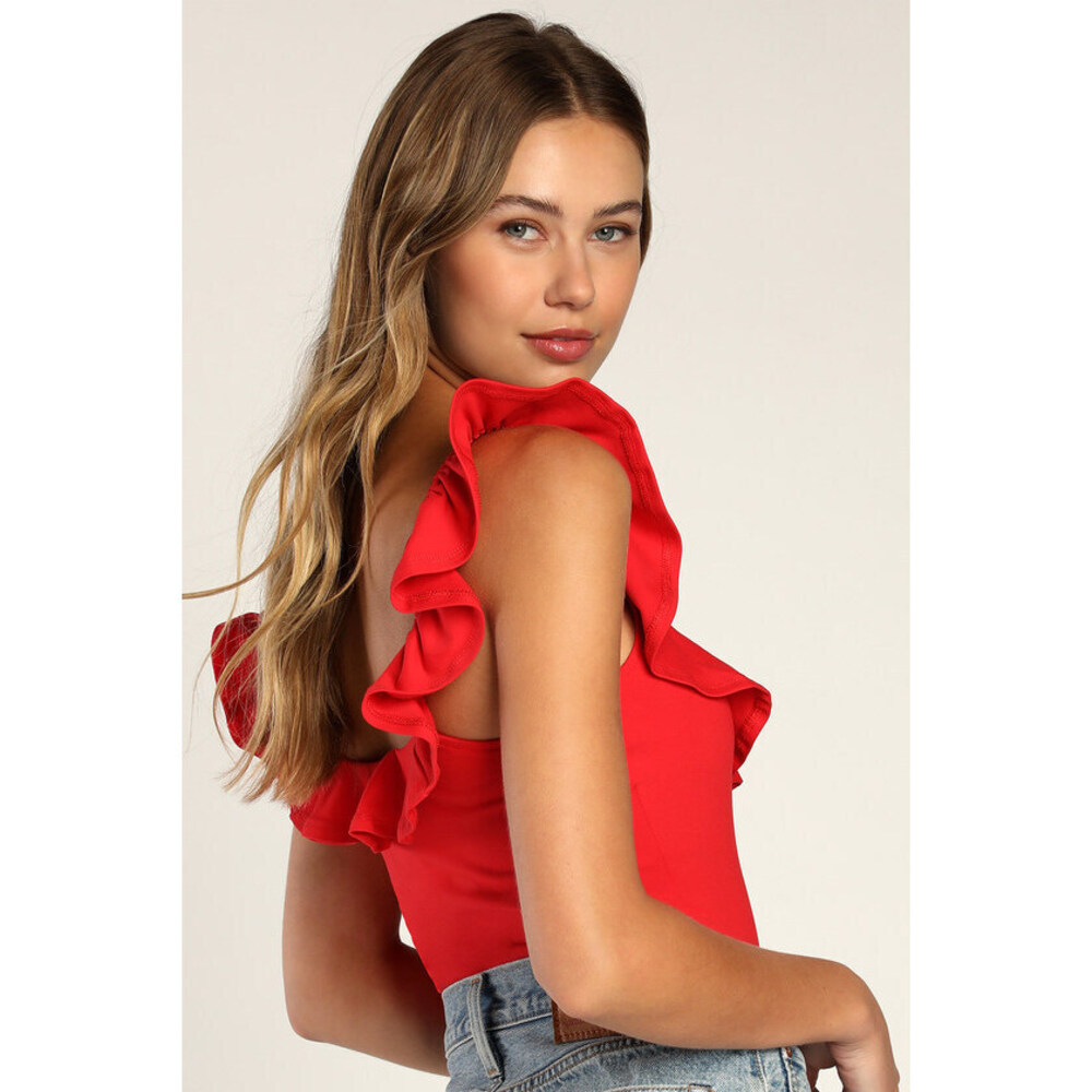 Lulus Play It Right Red Ruffled Sleeveless Bodysuit - Size S